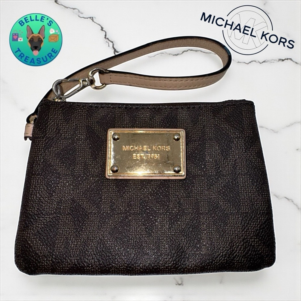 Michael Kors Jet Set Wristlet Purse Womens Small Brown Monogram Leather Zipper‎